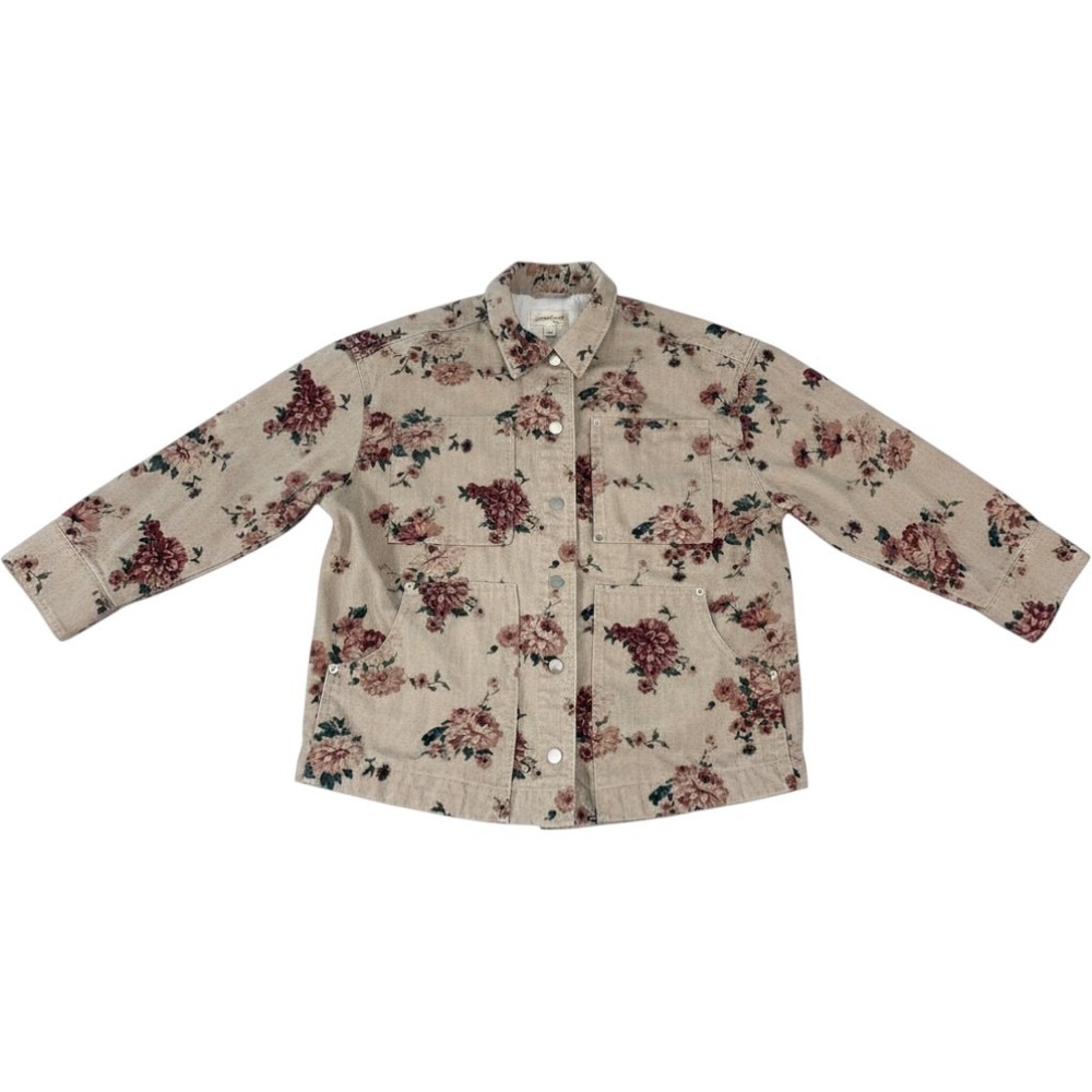 Universal Thread Floral Denim Chore Jacket Tan Pink Rose Utility Coat Small